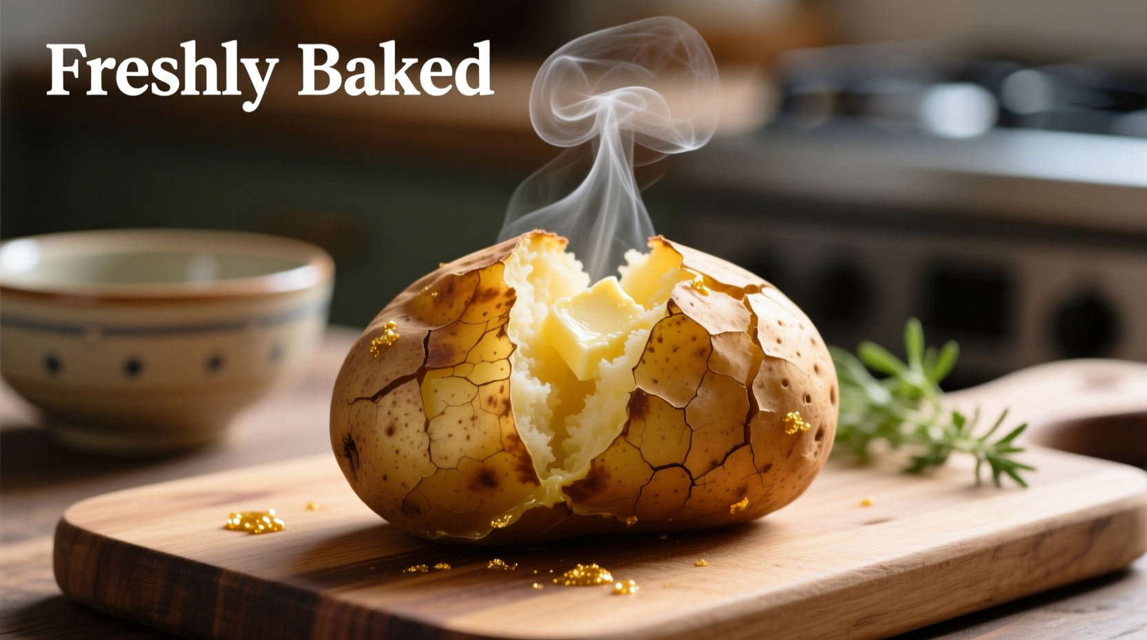 Perfectly cooked fluffy baked potato with steam rising