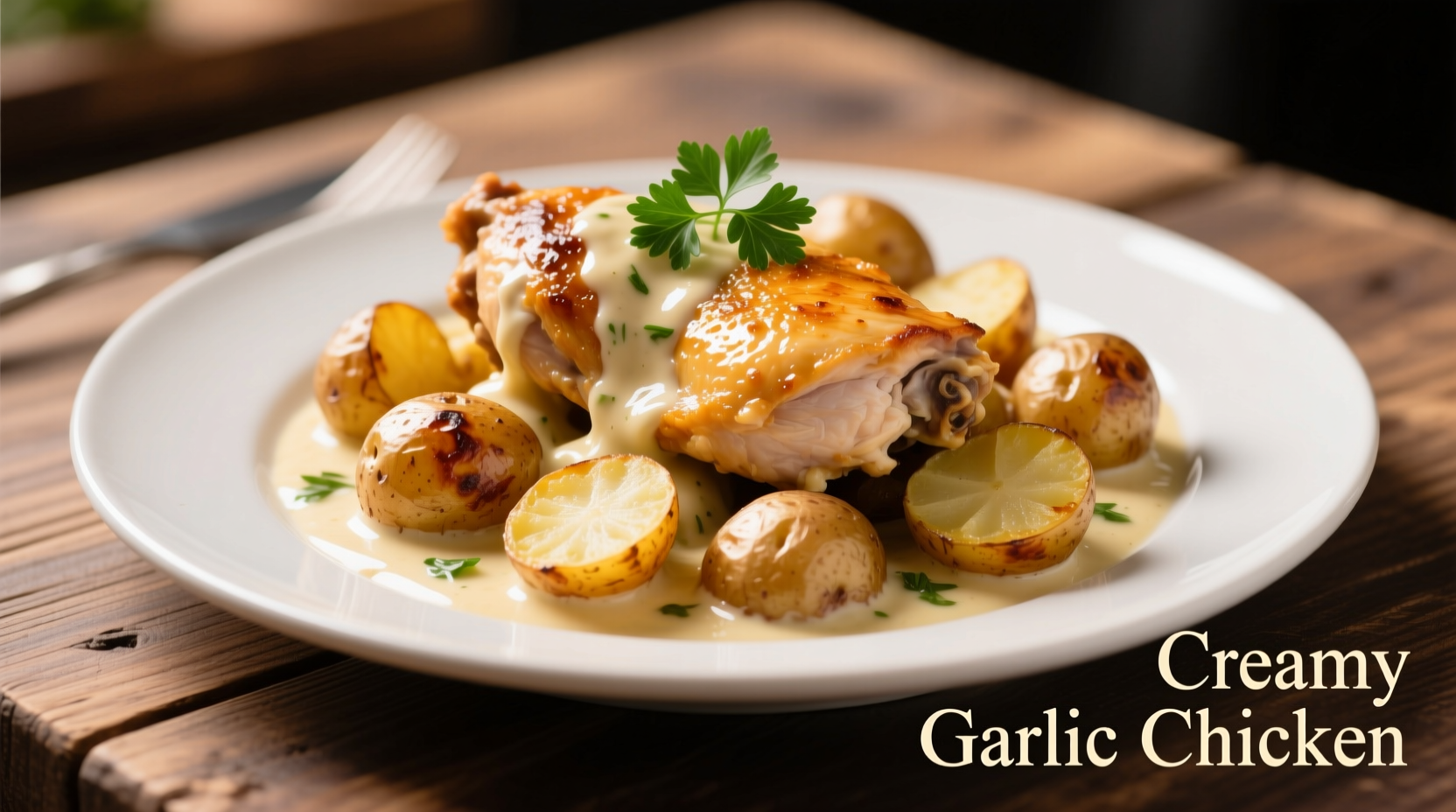 creamy garlic chicken with roasted baby potatoes