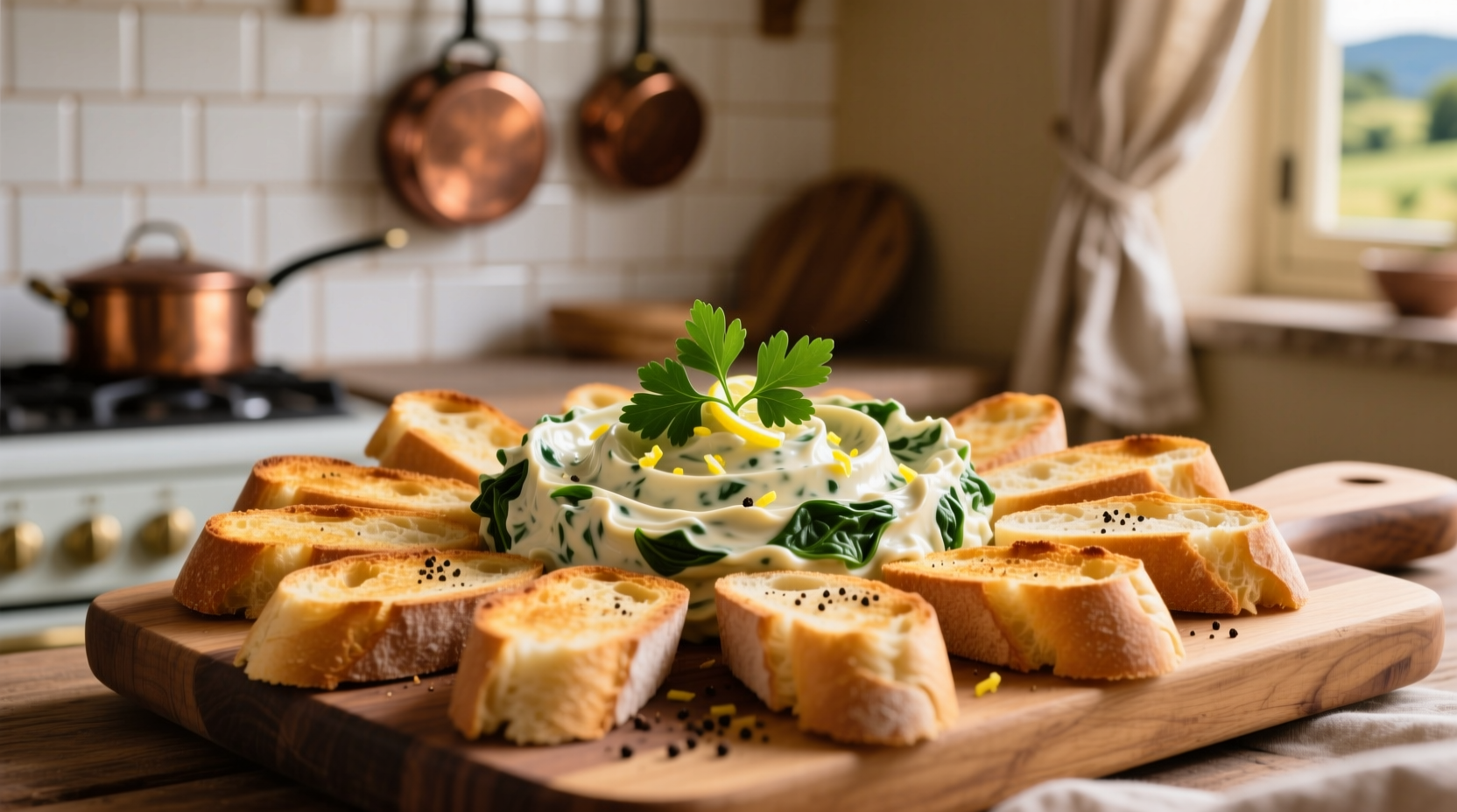 Creamy artichoke spinach dip served with toasted baguette slices
