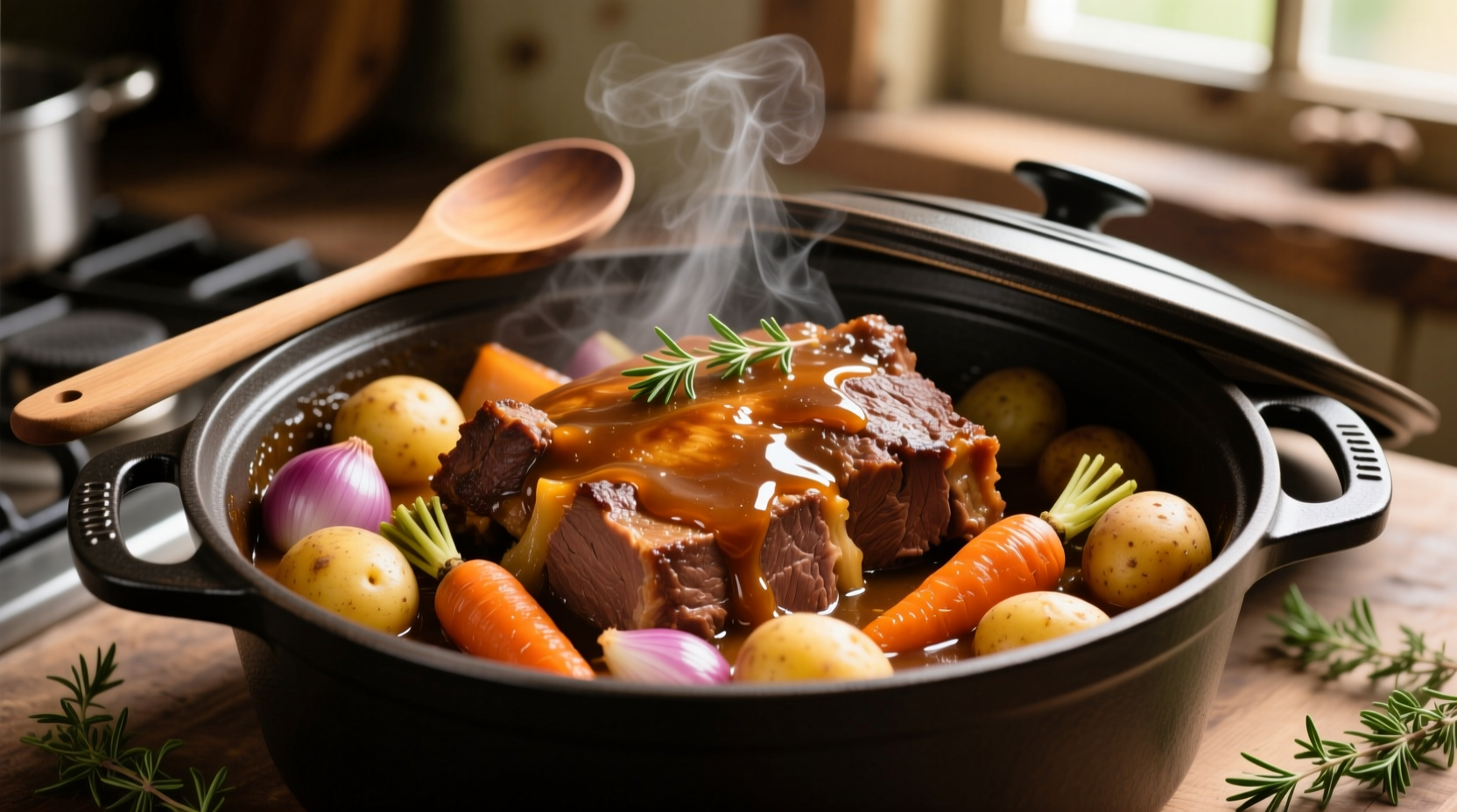 Golden brown pot roast with vegetables in Dutch oven