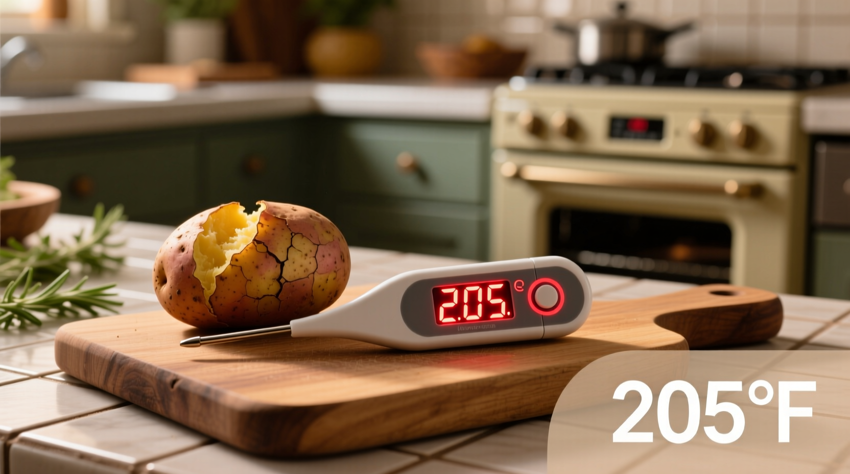 Thermometer showing 205 degrees in baked potato