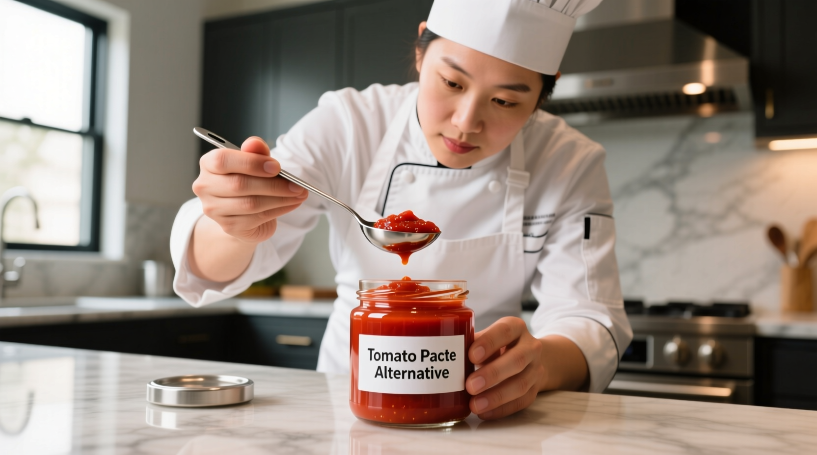 Chef measuring tomato paste substitute in kitchen