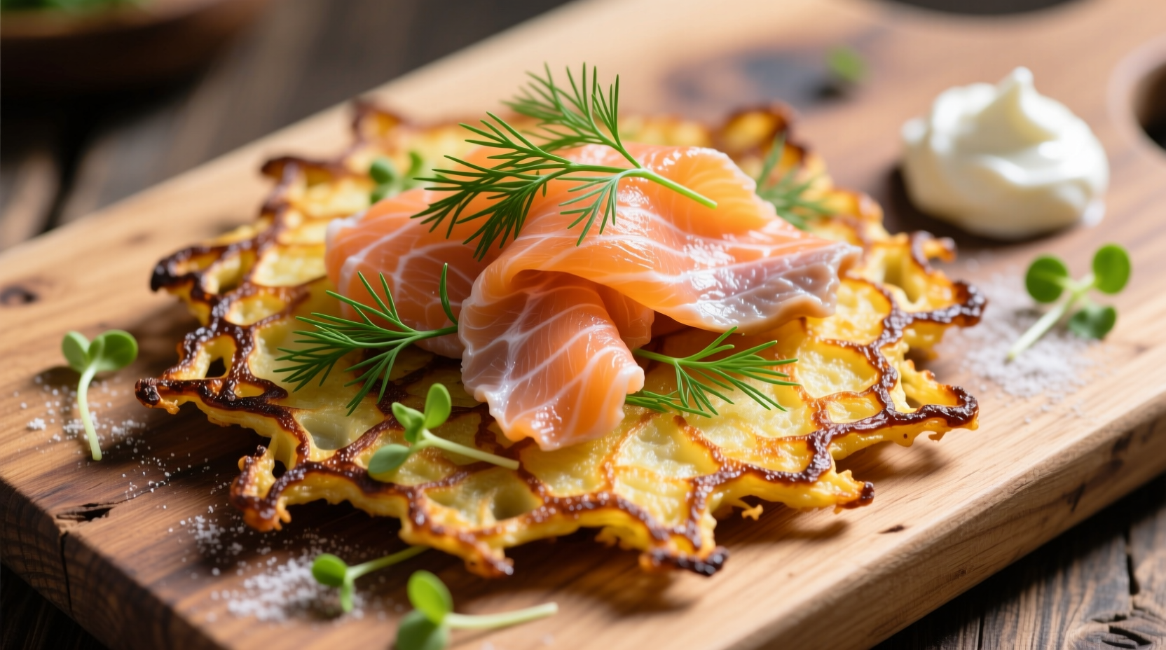 Golden potato rosti topped with smoked salmon and dill