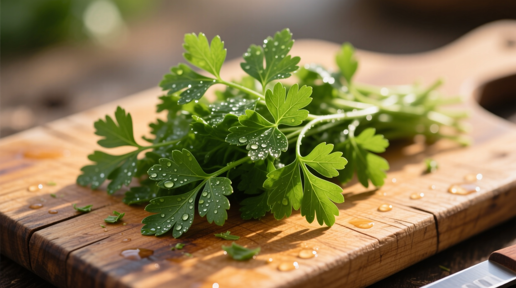 Flat-leaf Italian parsley on wooden cutting board