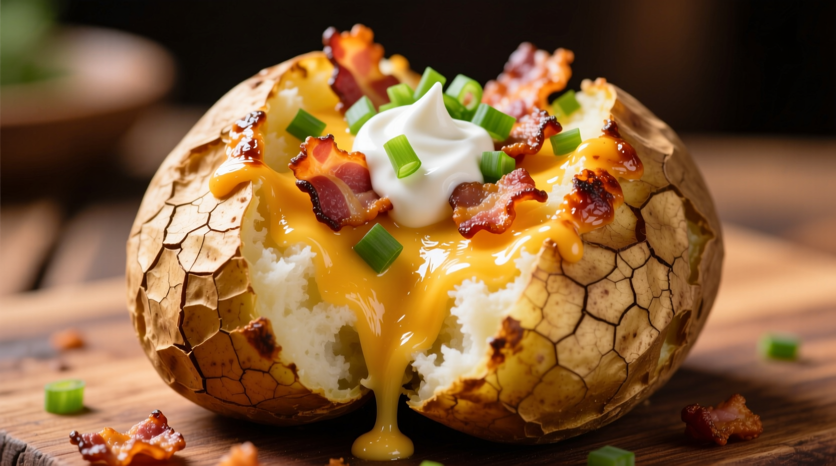 Crispy baked loaded potato with melted cheese and bacon
