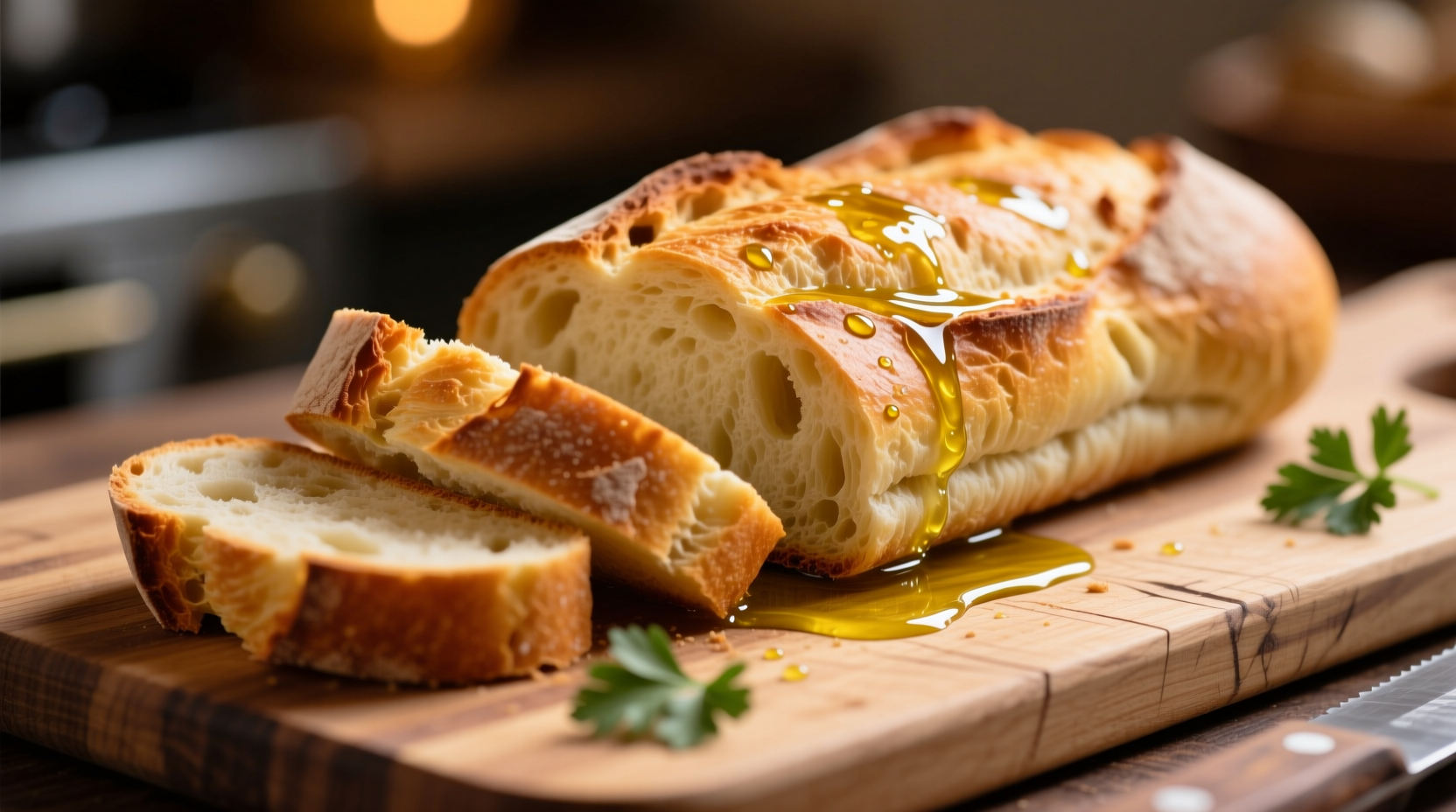 Freshly baked garlic bread with olive oil on wooden cutting board