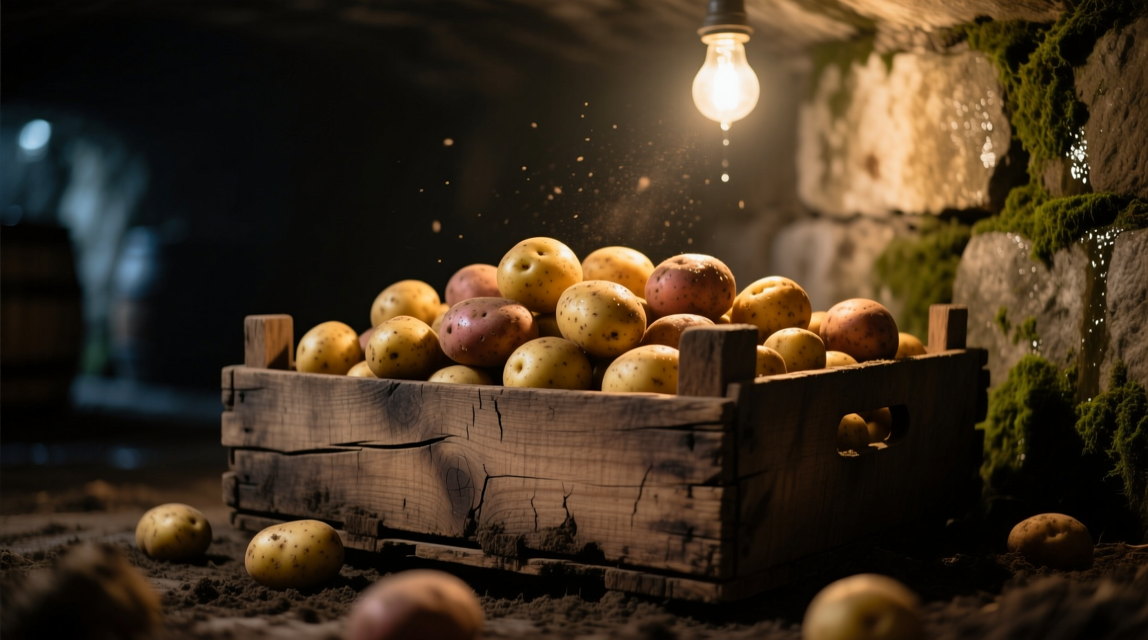 Potatoes stored in wooden crate in dark cellar