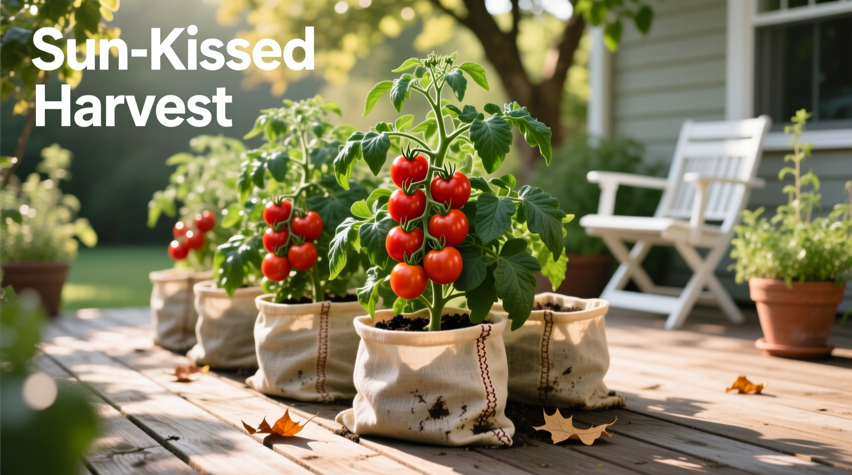 Healthy tomato plants growing in fabric containers on a sunny patio