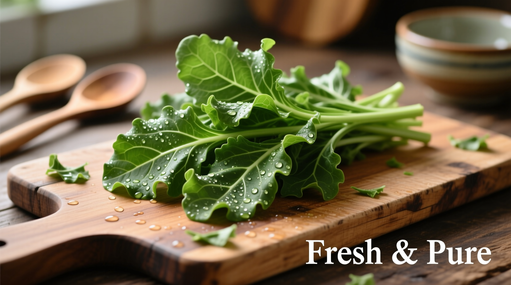 Fresh chaya leaves on wooden cutting board