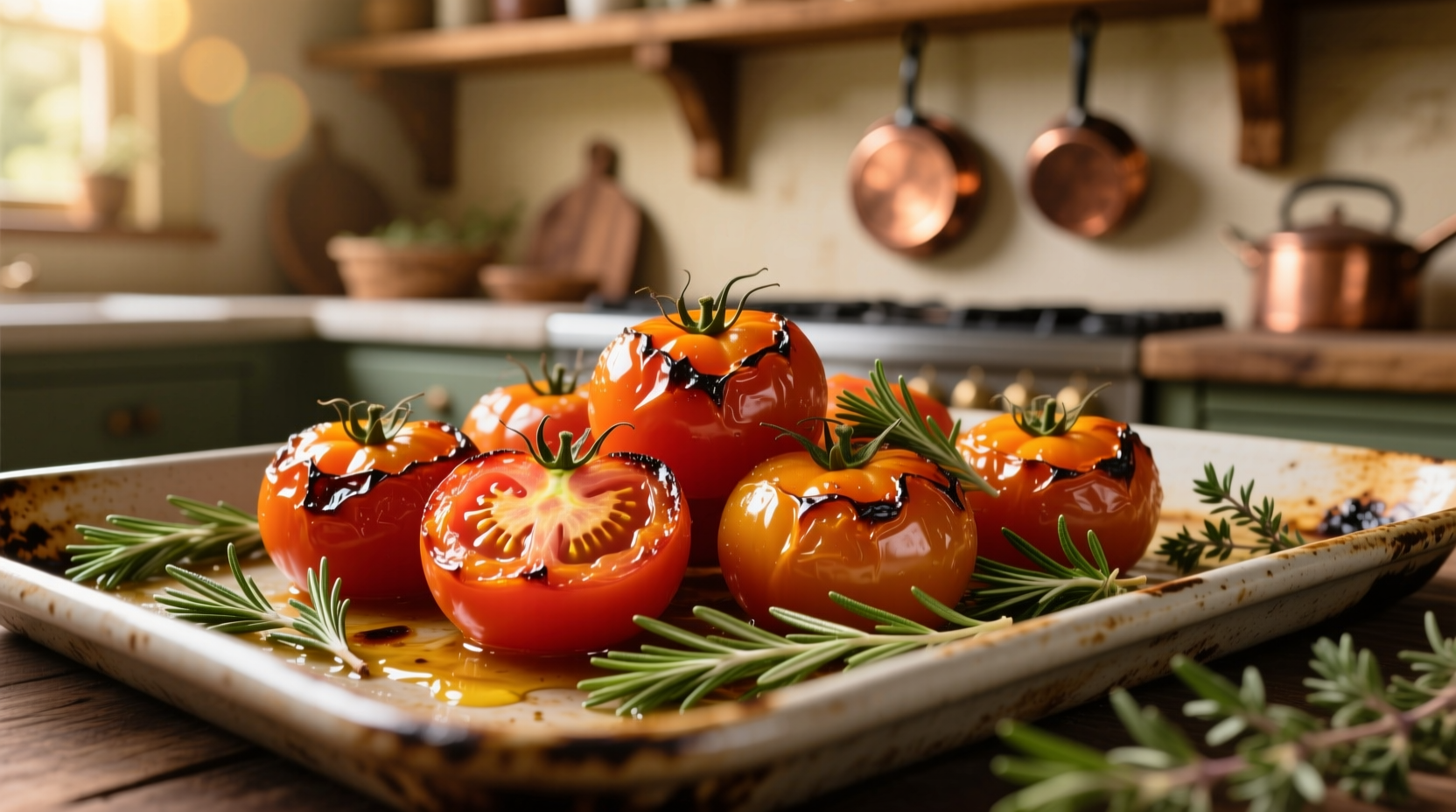 Golden roasted tomatoes with herbs on baking sheet