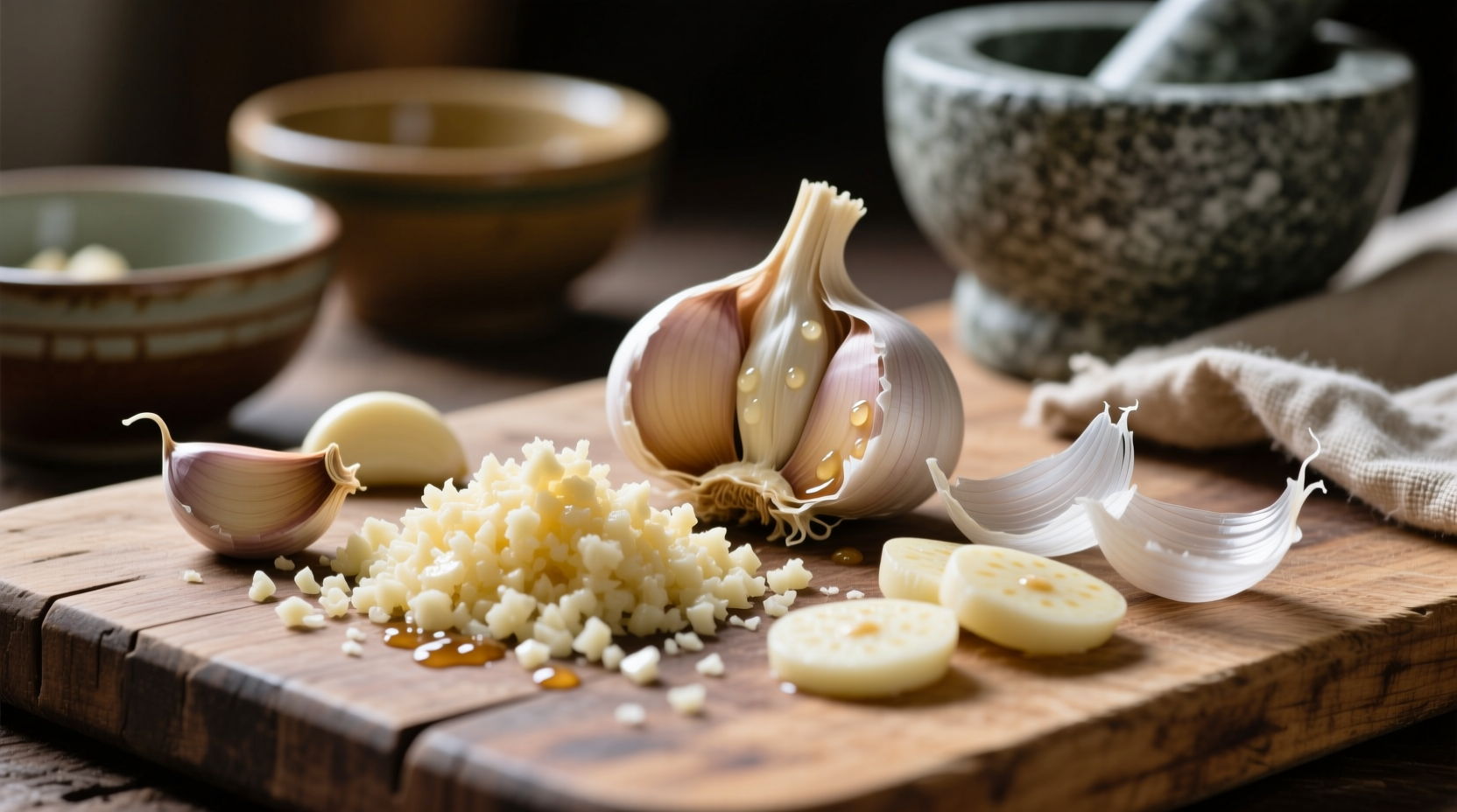 Various garlic preparations showing minced, crushed, and sliced forms