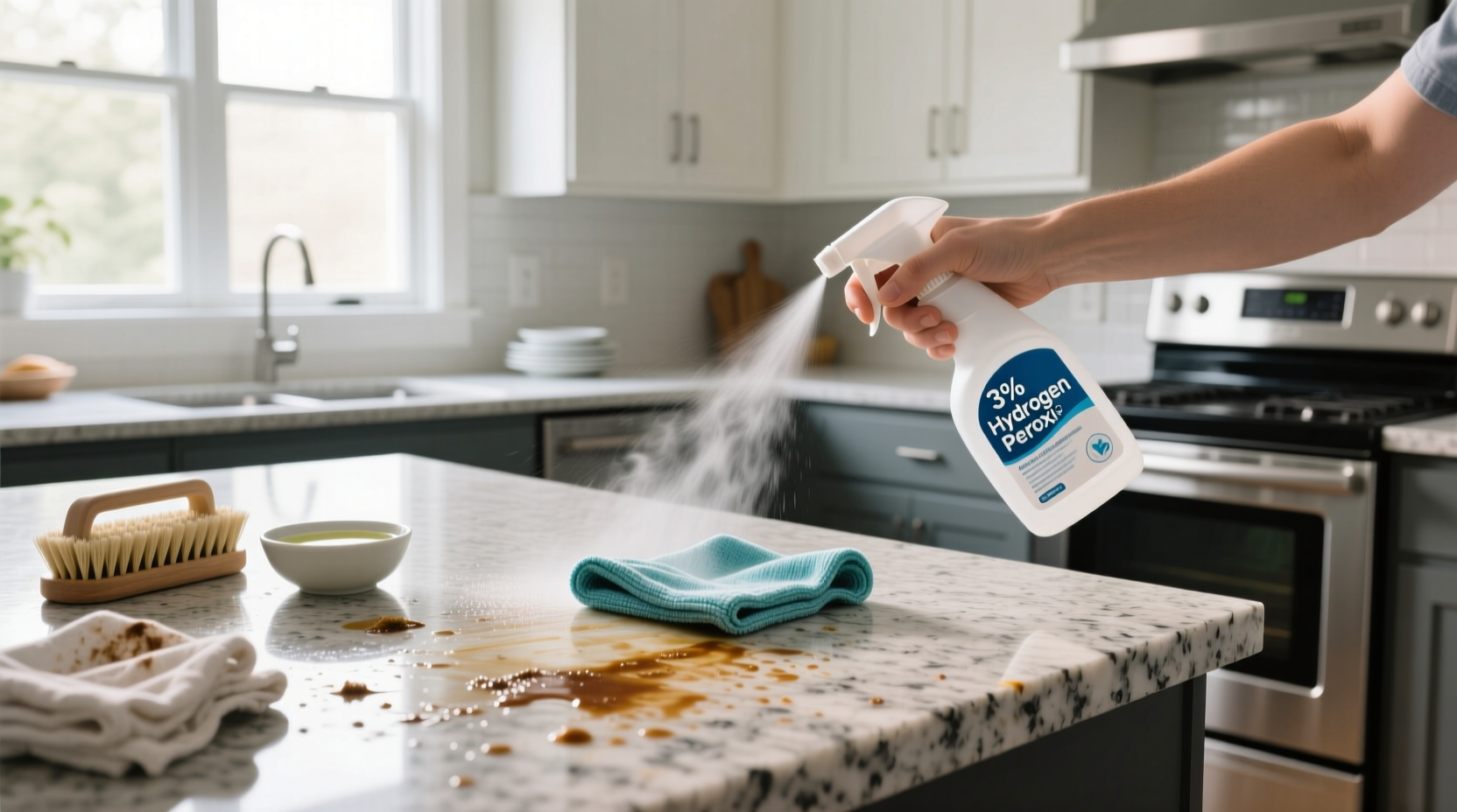 how to clean countertops and kitchens with hydrogen peroxide