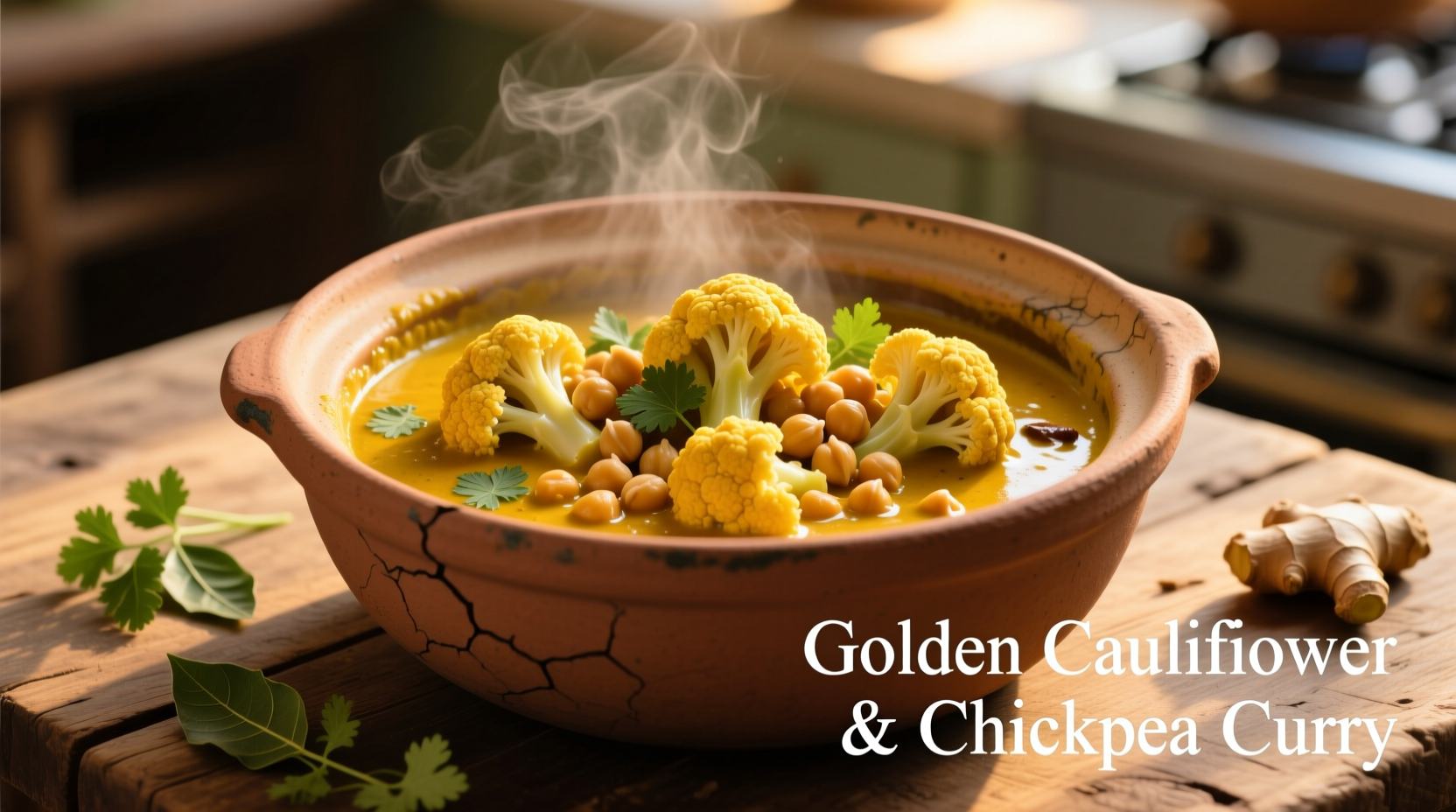 Golden cauliflower chickpea curry in clay pot