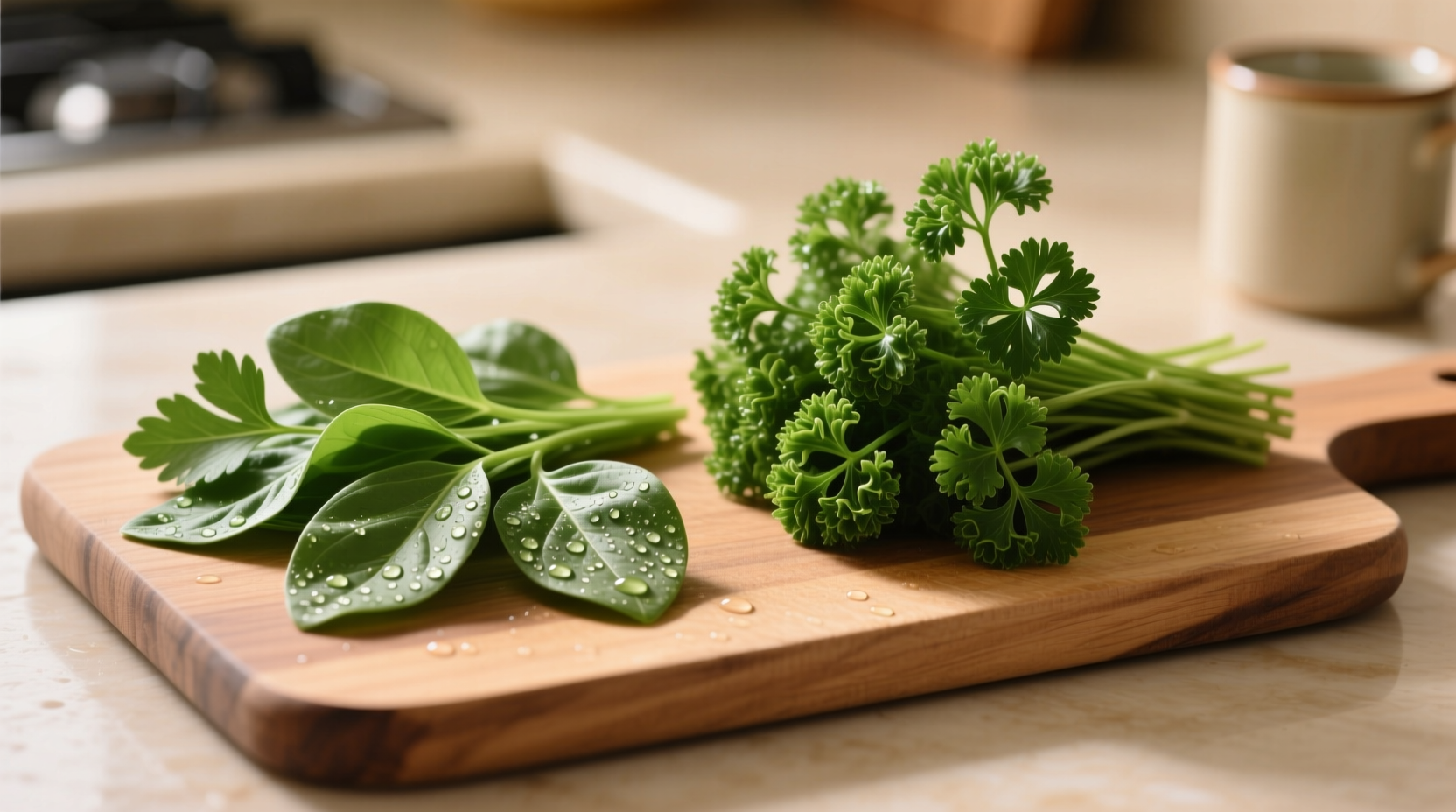 Flat-leaf Italian parsley next to curly parsley on cutting board