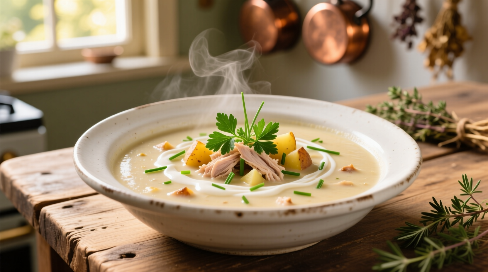 Creamy turkey potato soup in white bowl with fresh herbs