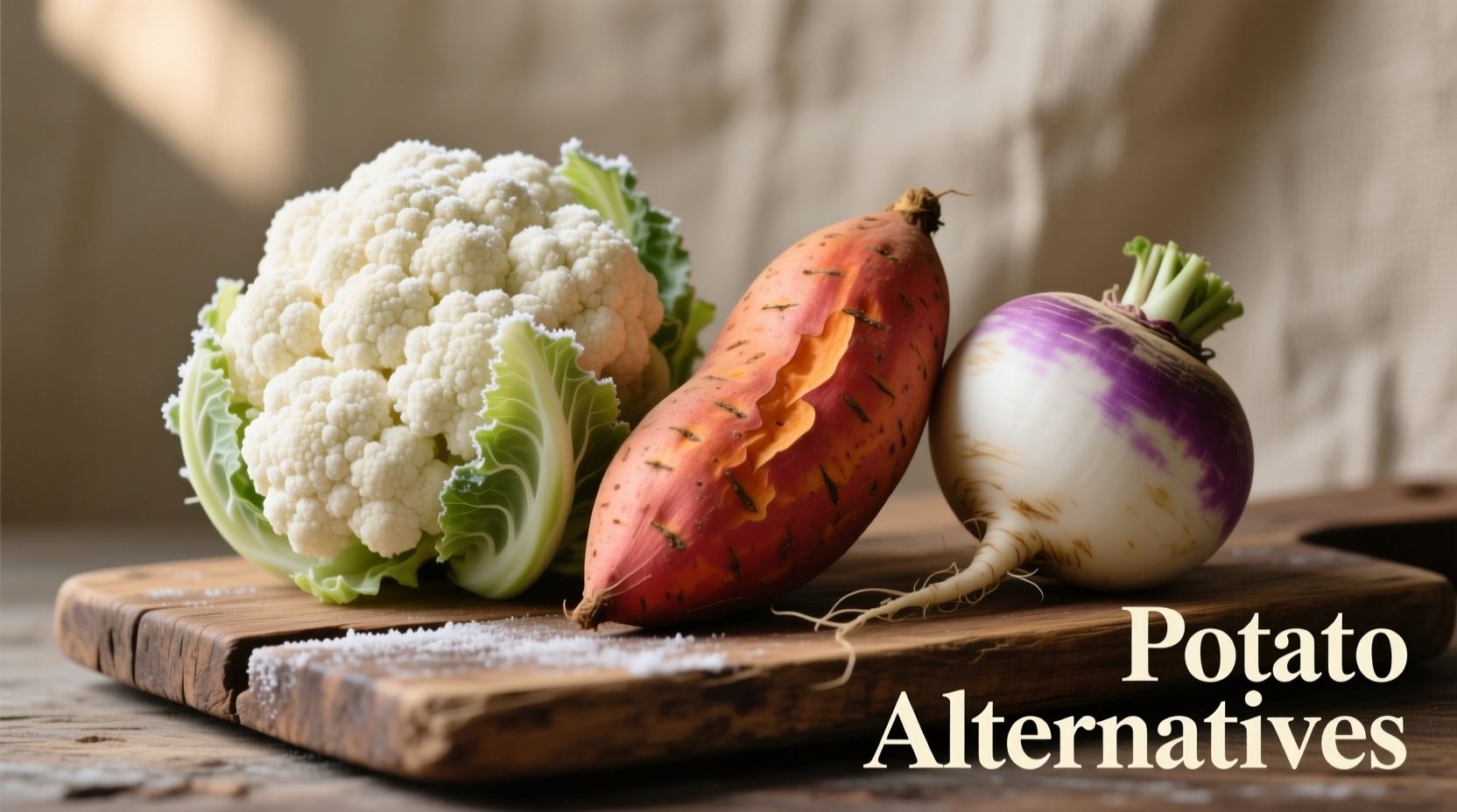 Cauliflower, sweet potato, and turnip arranged as potato alternatives