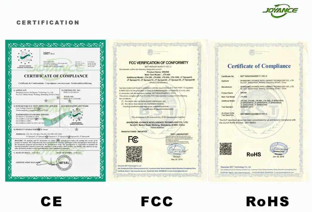 JOYANCE JT15L-606 15L Agricultural Drone, FCC VERIFICATION OF CONFORMIANCE CACAYEC1 Certificate of