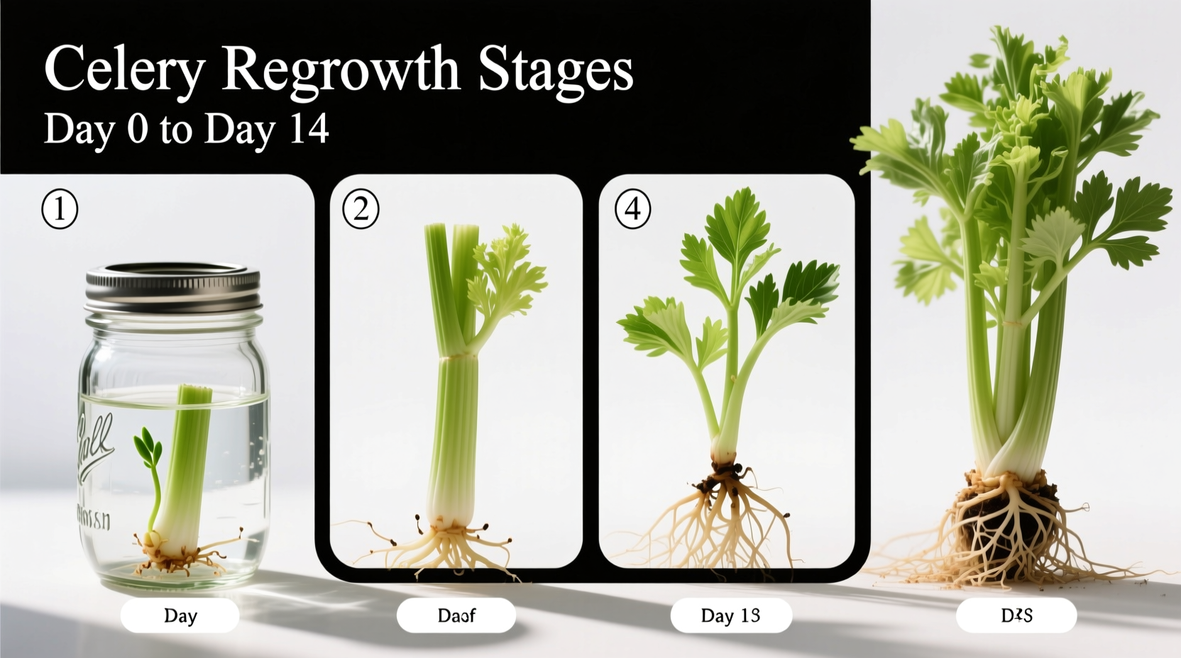 Celery regrowth stages in mason jar