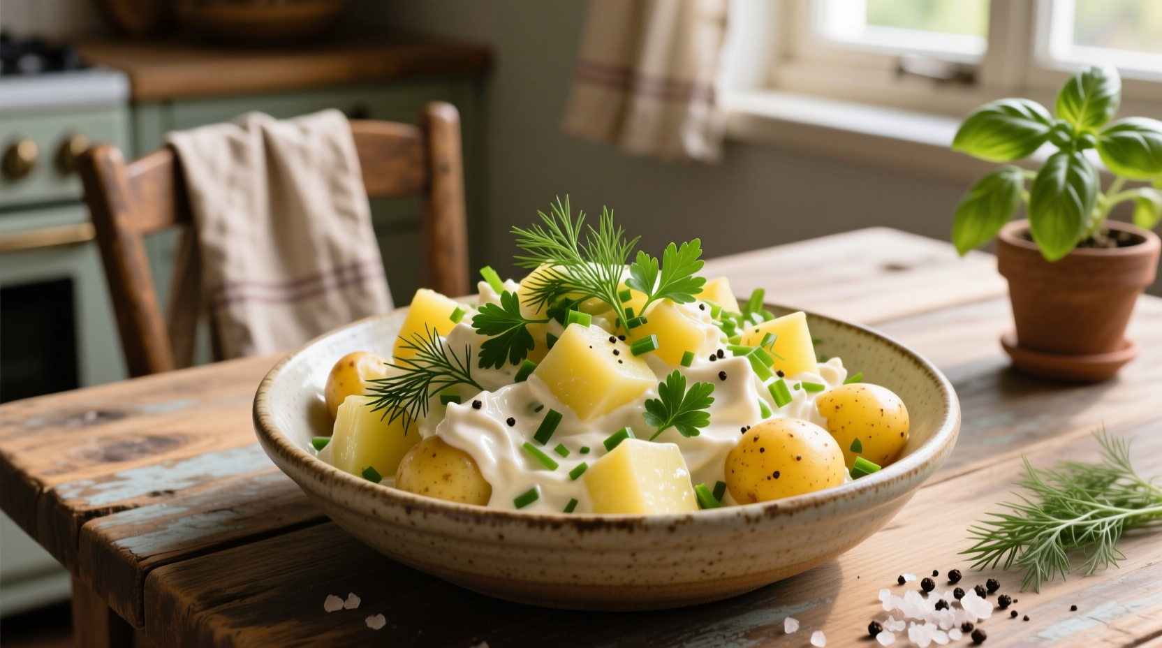 Creamy dairy-free potato salad with fresh herbs