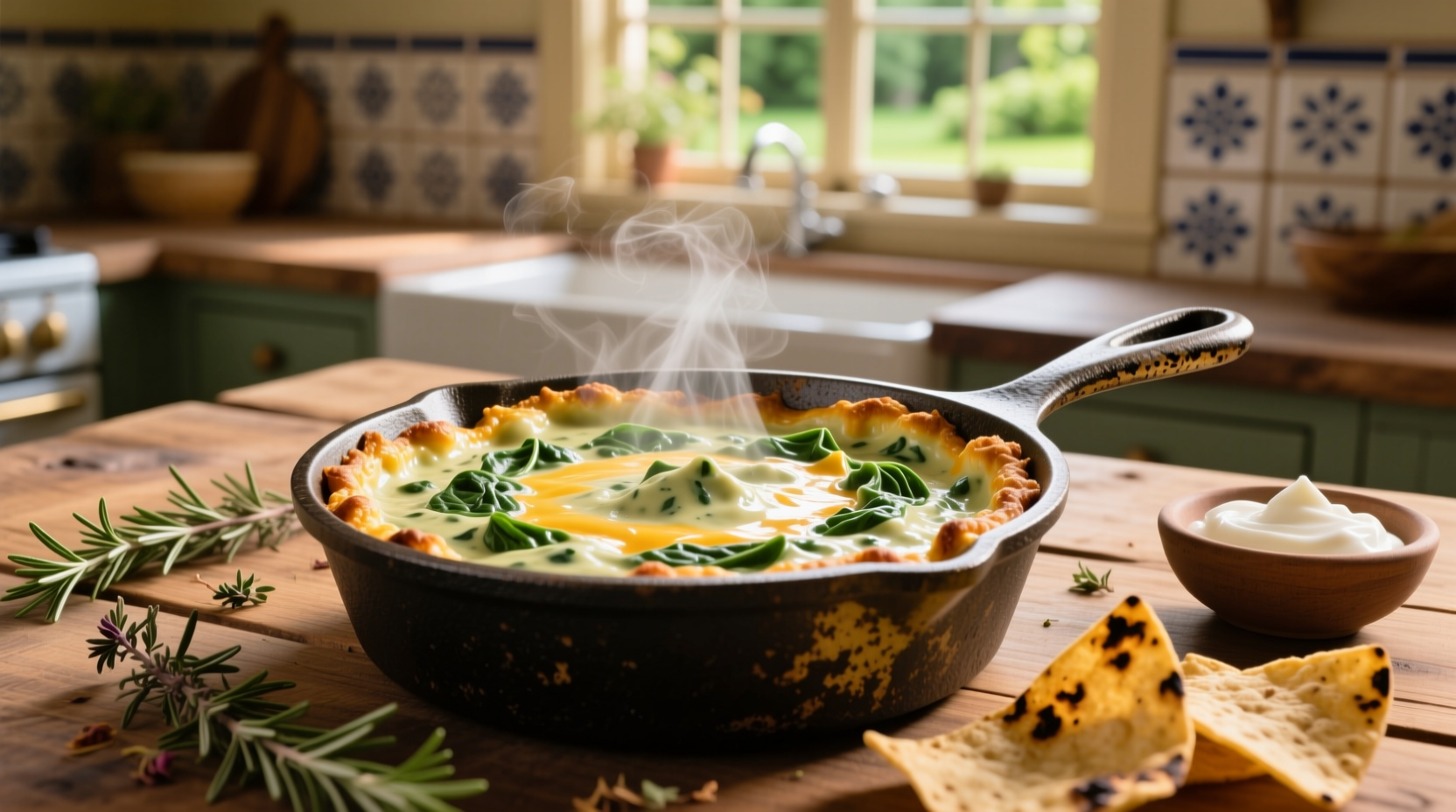 Creamy spinach queso dip in cast iron serving dish