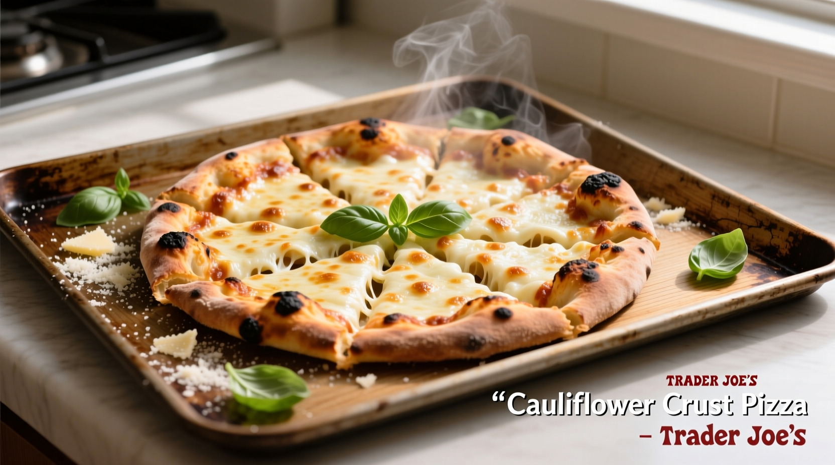 Trader Joe's cauliflower crust pizza on baking sheet