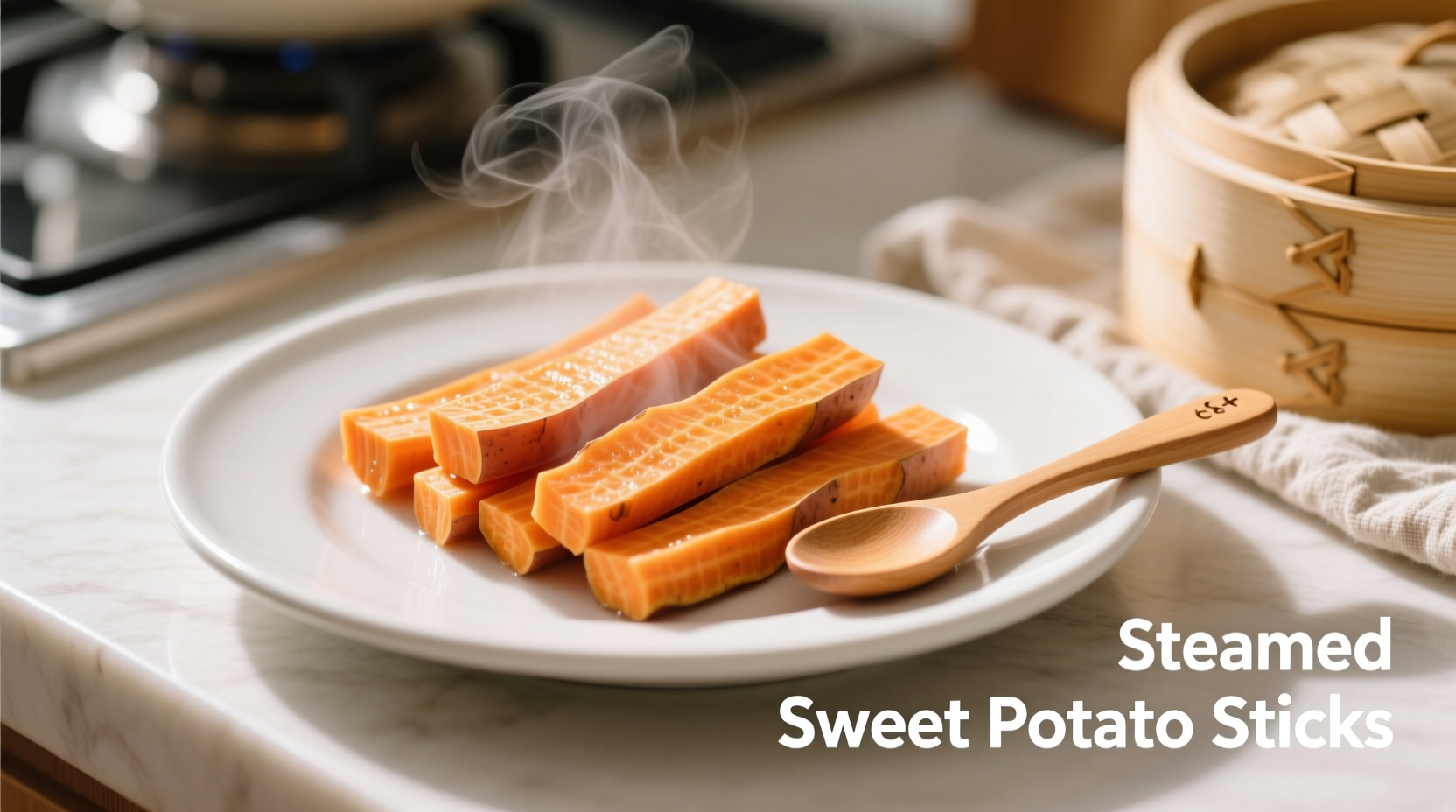 Steamed sweet potato sticks cut to safe baby-led weaning dimensions on wooden tray