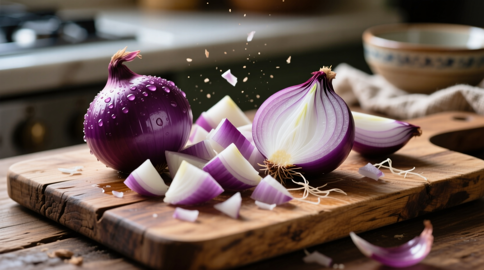 Fresh purple onions with chopped pieces on wooden cutting board