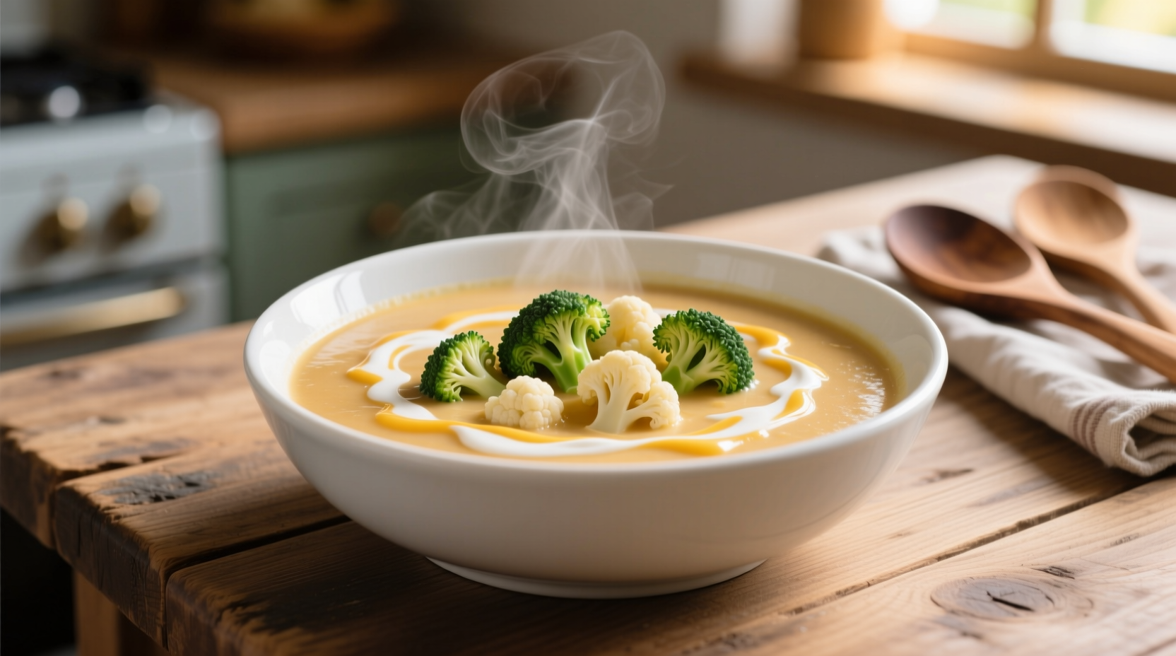 Creamy broccoli cauliflower cheese soup in white bowl
