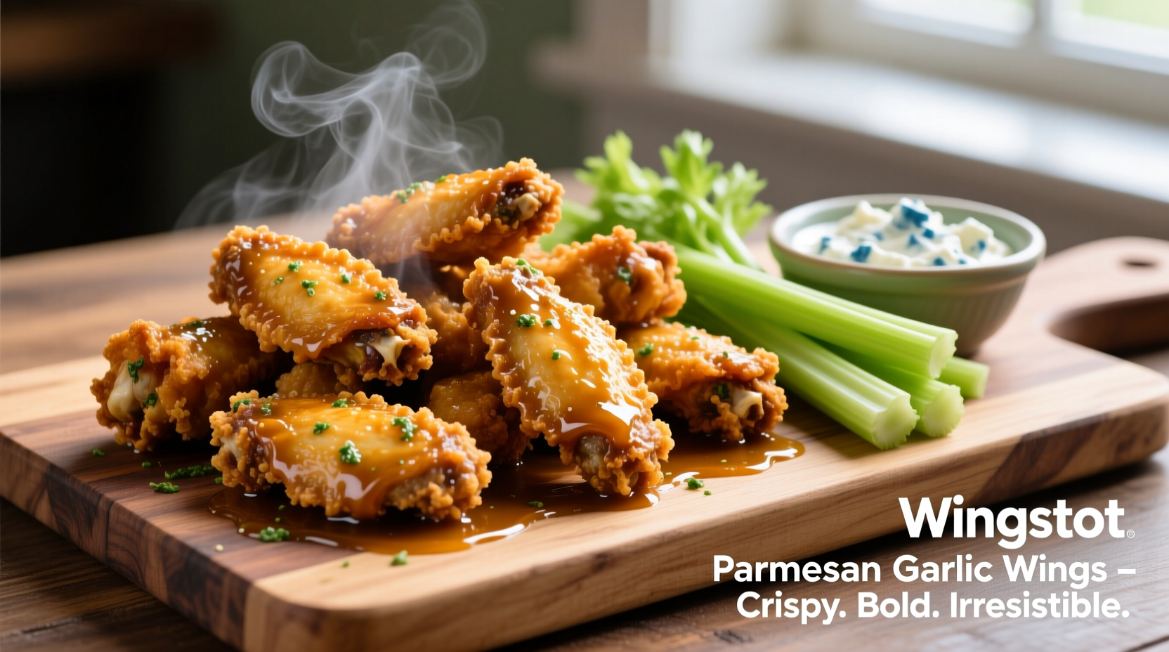 Crispy Wingstop Parmesan Garlic wings served with celery sticks