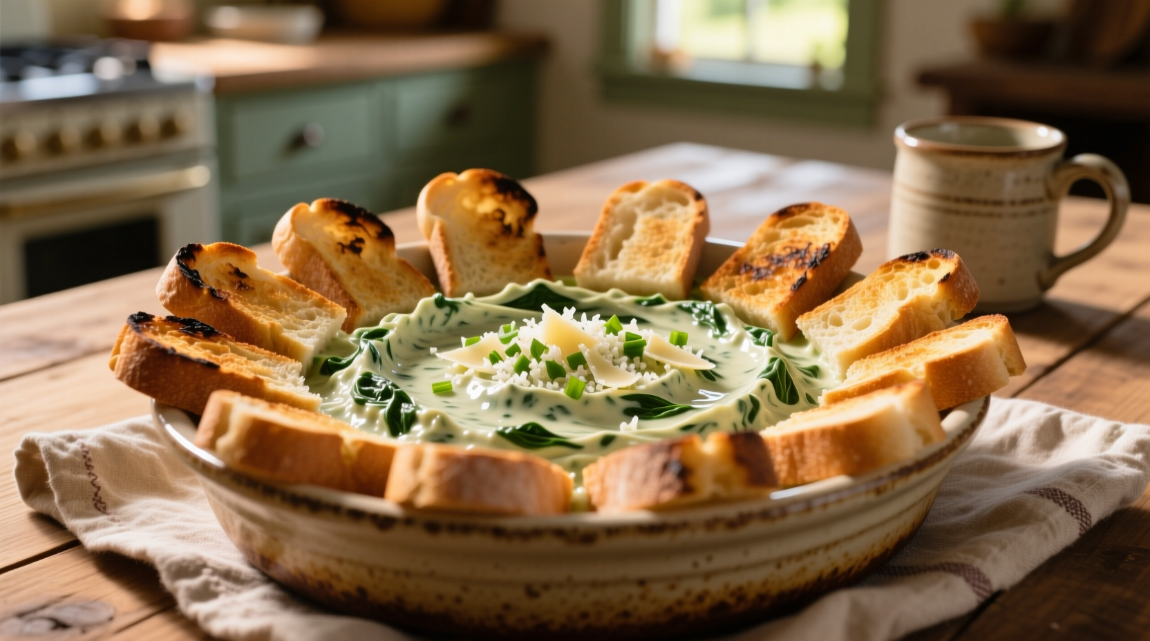 Creamy spinach dip in baking dish with toasted bread slices
