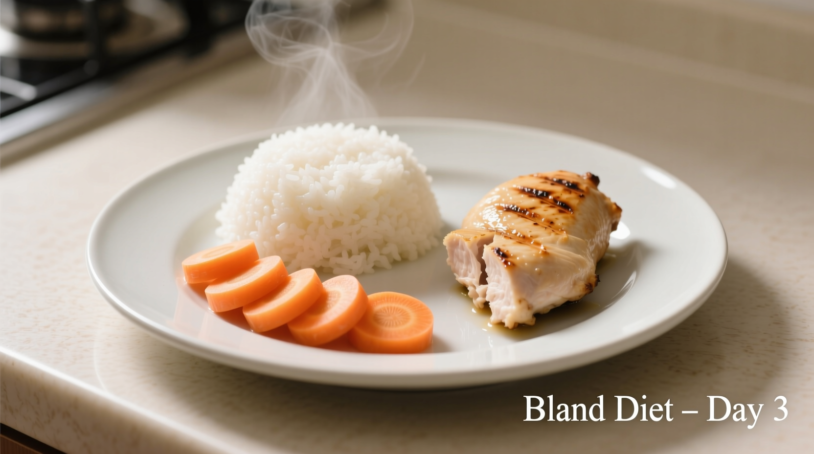 Bland diet meal with white rice, steamed carrots, and baked chicken