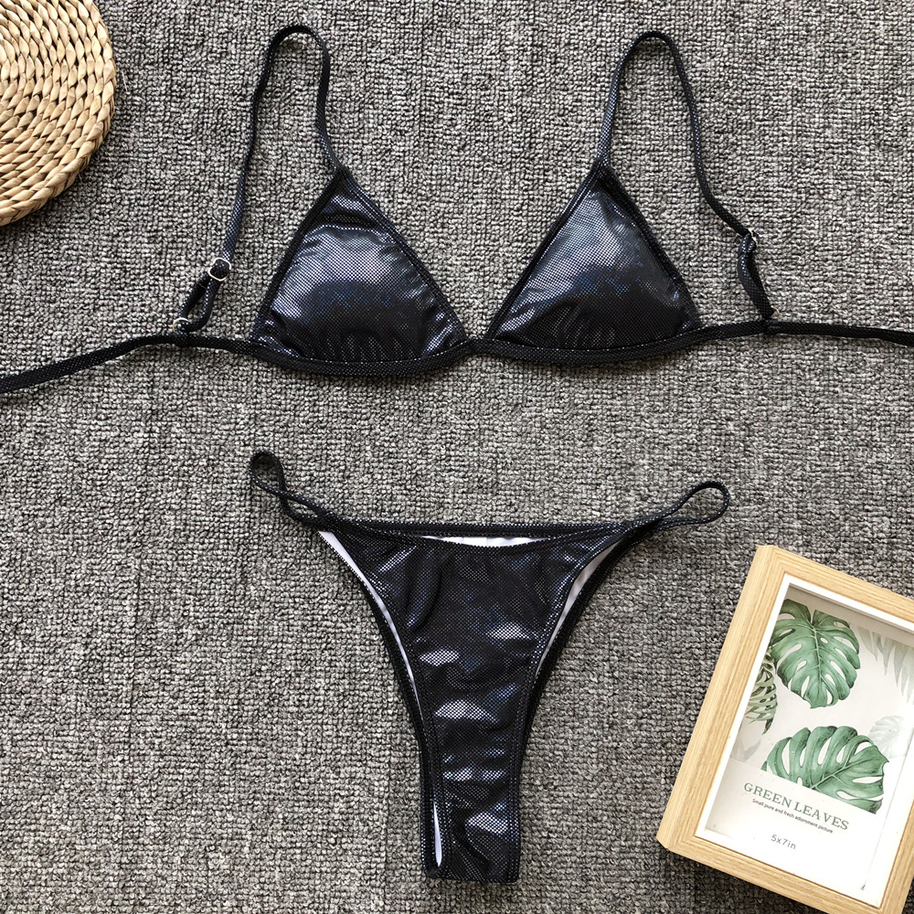 时尚闪光银色素色面料性感比基尼滑梯三角泳衣吊带丁字裤泳装为青少年