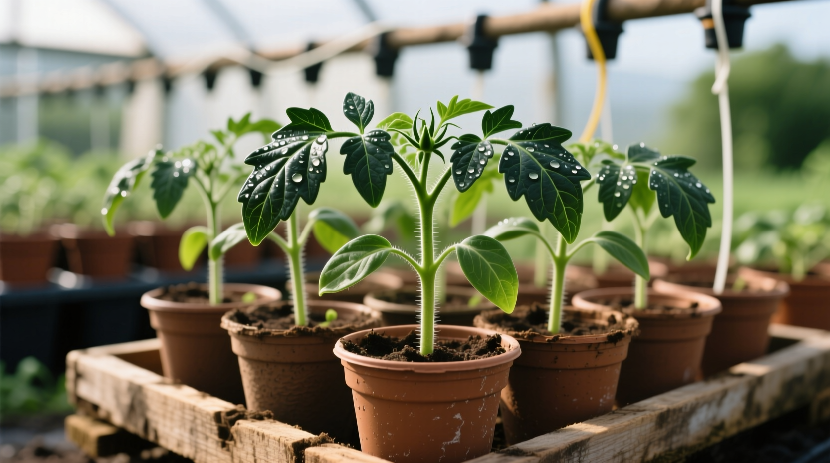 Healthy tomato seedlings in nursery pots with dark green leaves