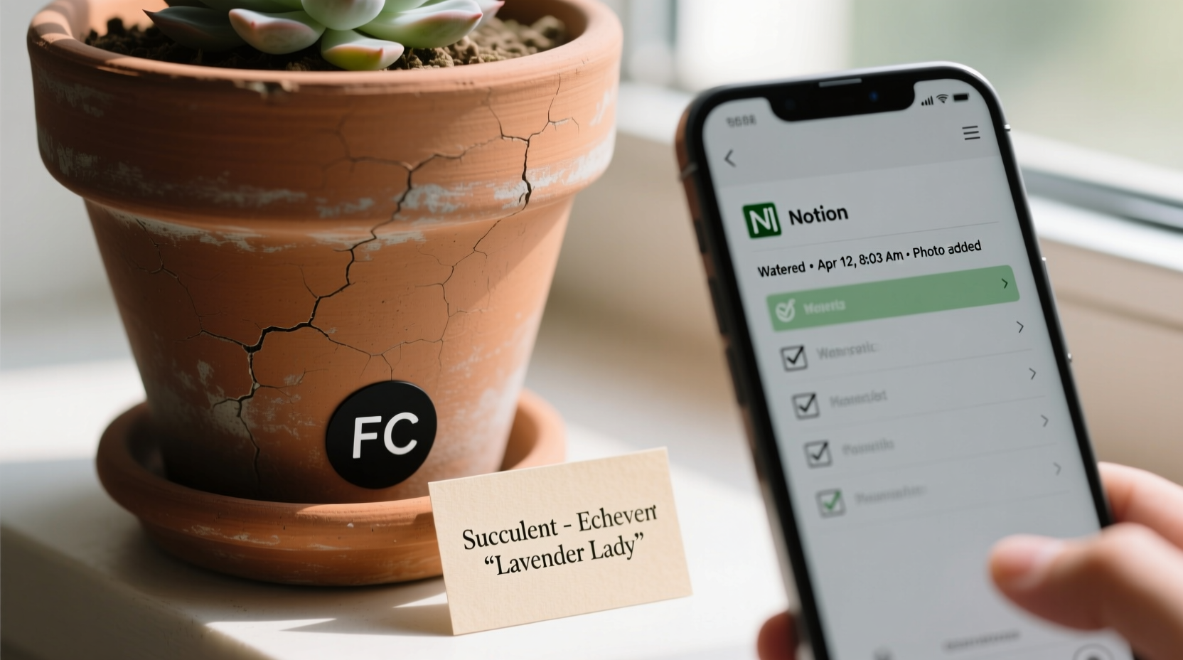Close-up photo of a terracotta plant pot with a discreet matte-black NFC sticker embedded beside a minimalist botanical label; smartphone screen visible mid-tap, showing a clean Notion interface with 'Watered • Apr 12, 8:03 AM • Photo added'