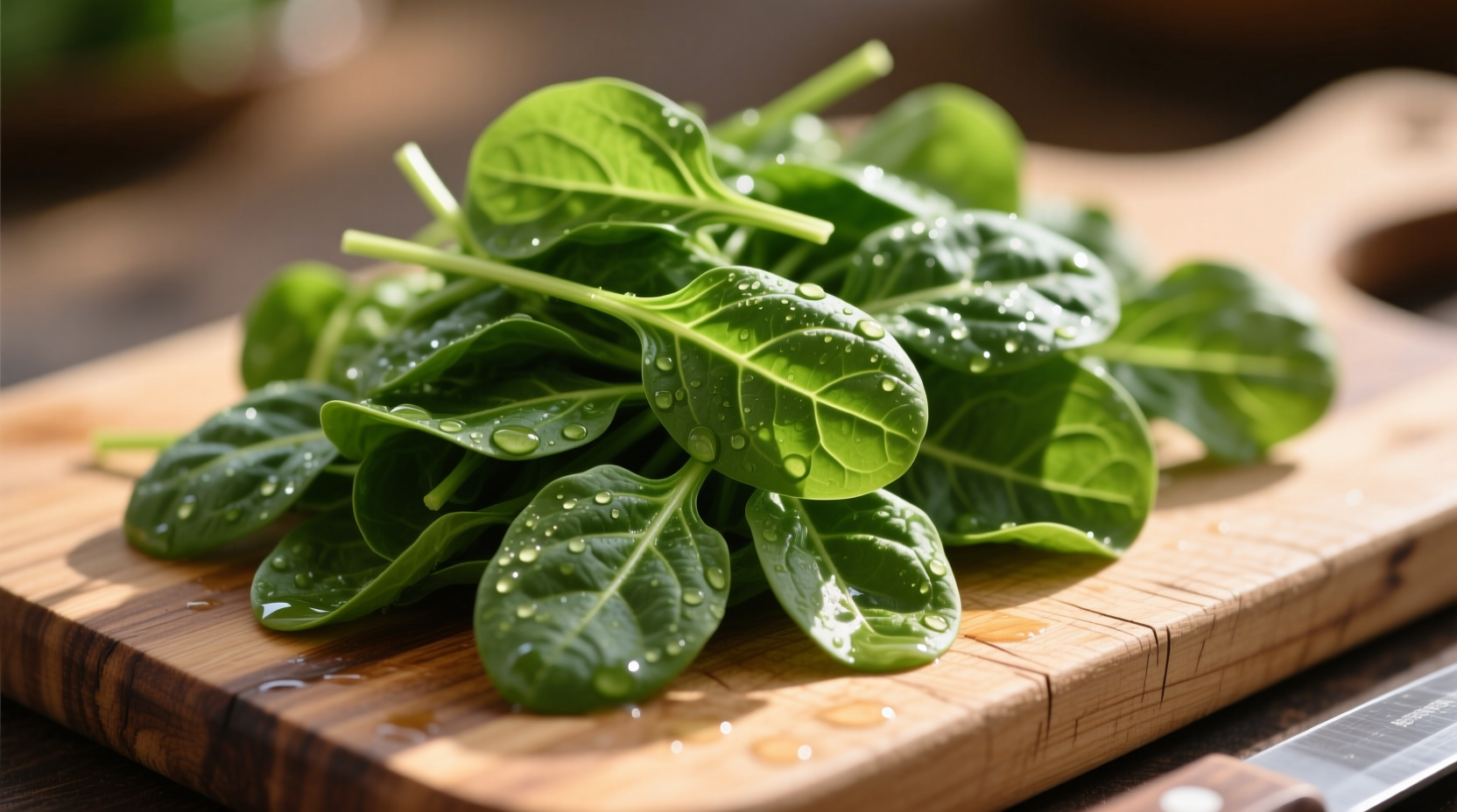 Fresh raw spinach leaves on wooden cutting board