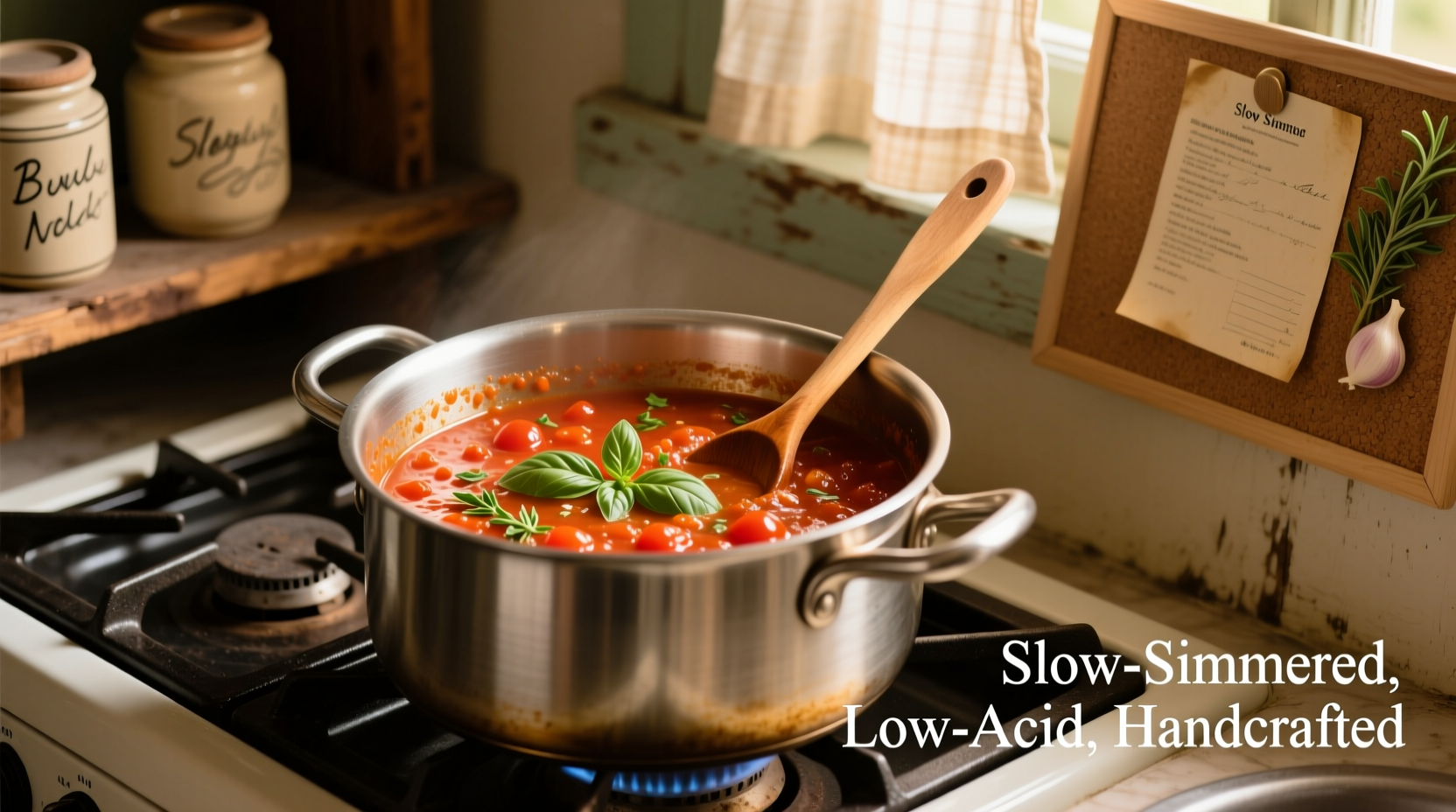 Homemade low acid tomato sauce simmering in stainless steel pot