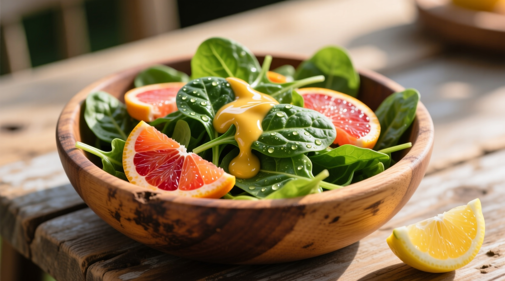 Fresh spinach salad with citrus dressing in wooden bowl