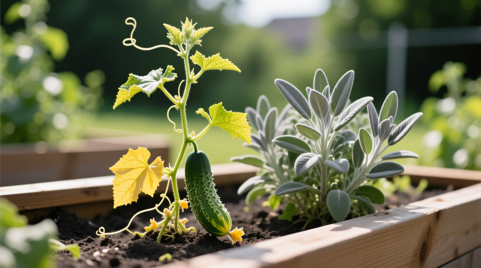 Stunted cucumber plant growing next to sage in a raised bed