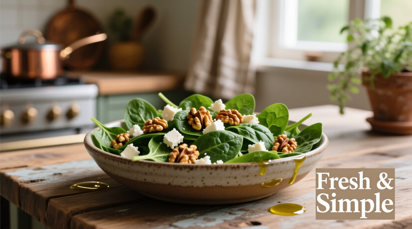 Fresh spinach salad with walnuts and feta cheese