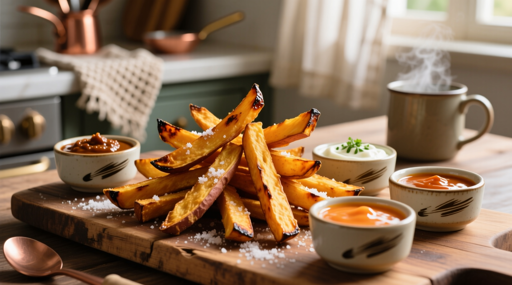 Sweet potato fries with various dipping sauces