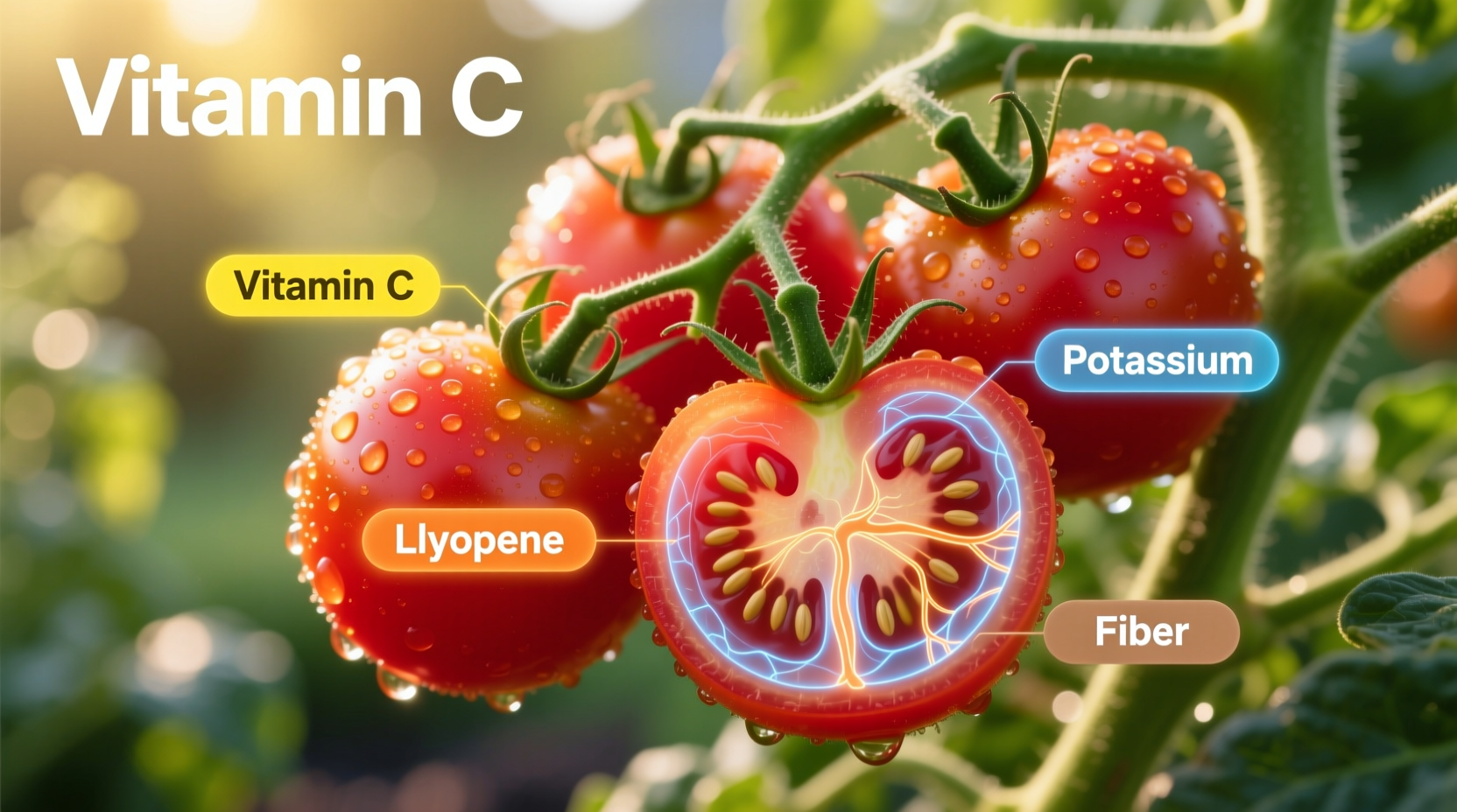 Fresh tomatoes on vine showing nutritional components
