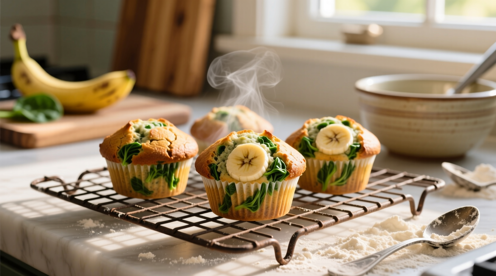 Fresh spinach and banana muffins cooling on wire rack