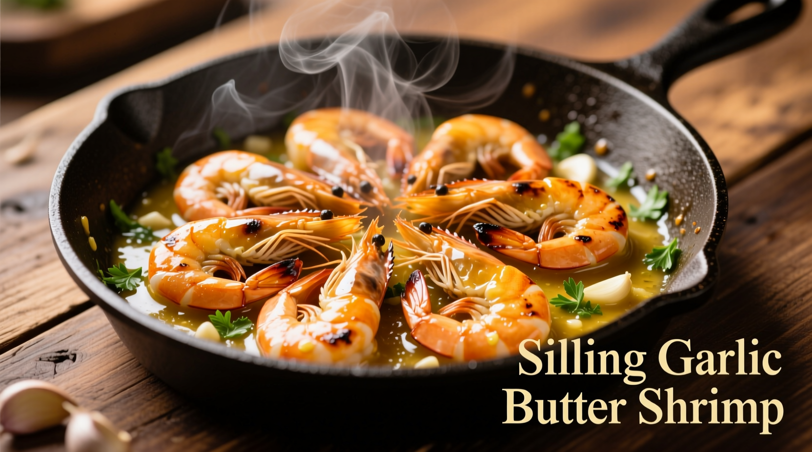 Golden shrimp sizzling in garlic butter sauce