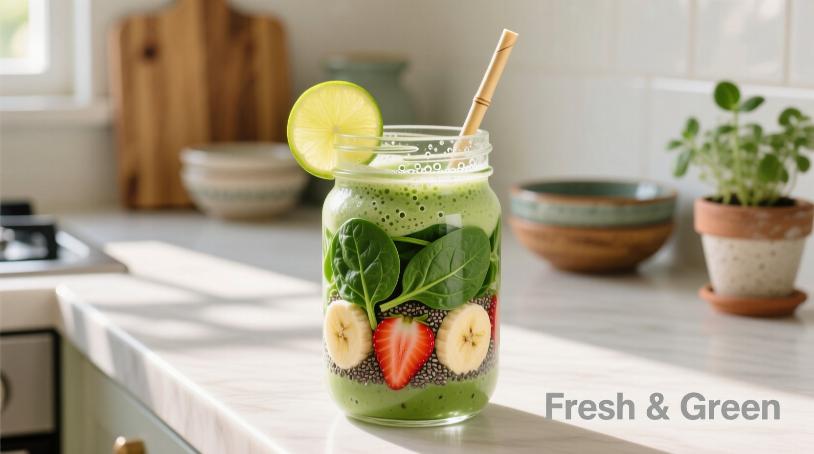 Fresh spinach smoothie in glass with ingredients