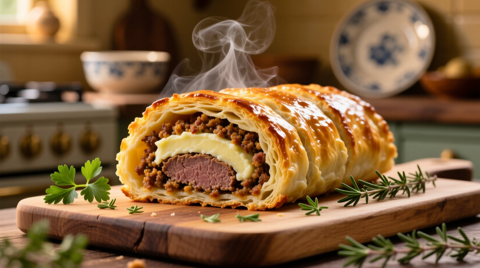 Golden baked minced meat and potato roll sliced