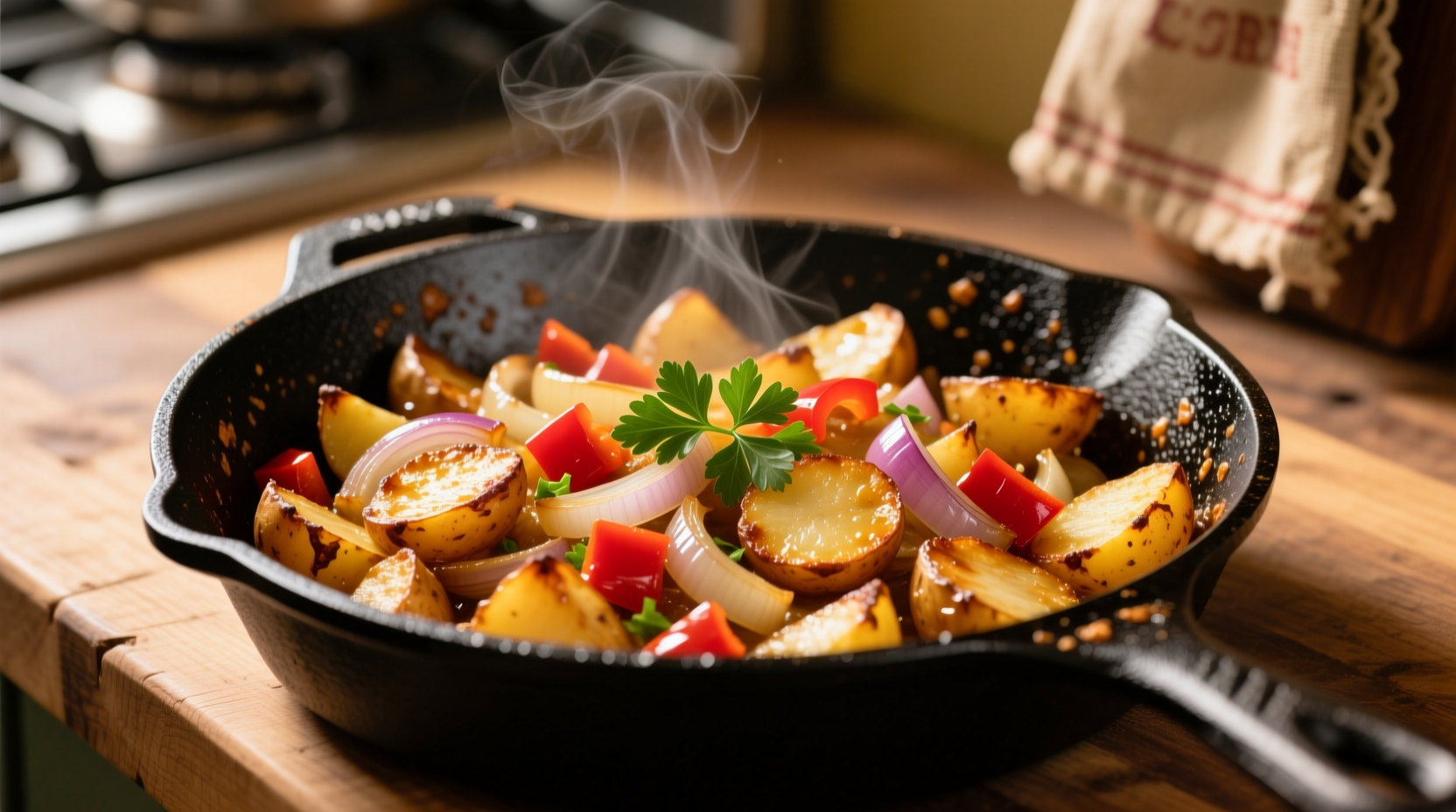 Golden brown potato hash in cast iron skillet