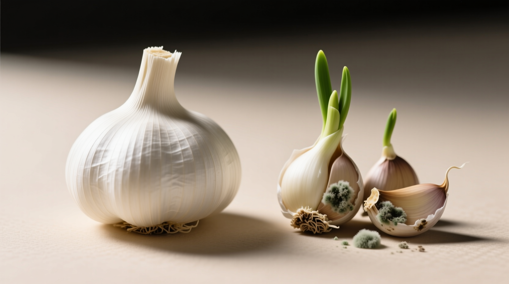 Side-by-side comparison of fresh garlic bulbs: firm specimens with intact skins versus sprouted or moldy cloves showing quality differences
