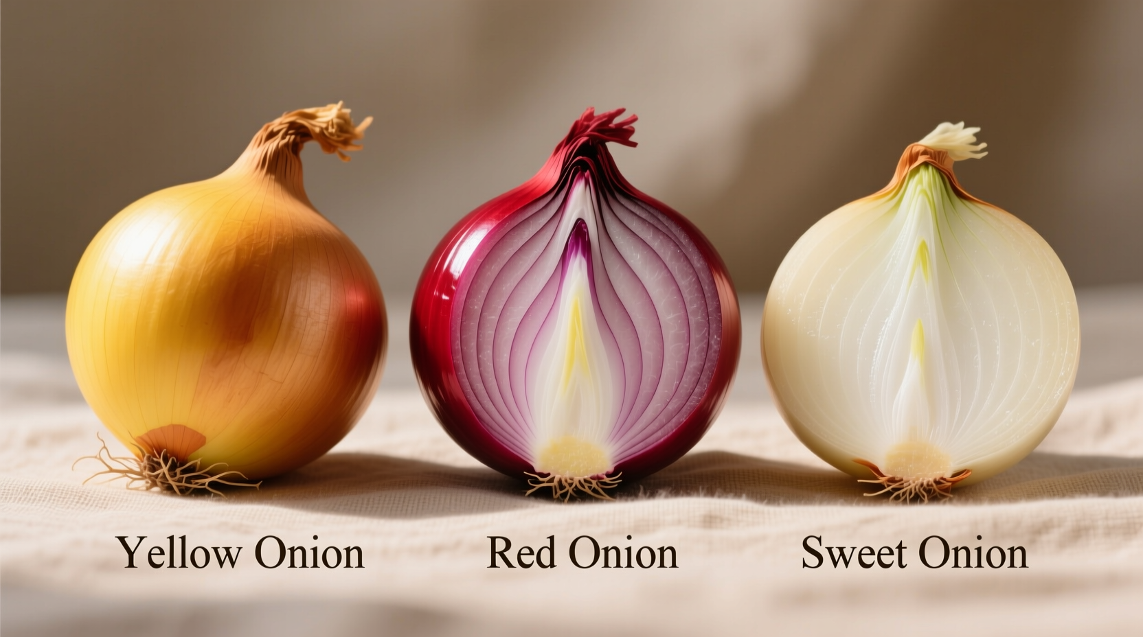 Close-up comparison of yellow, red, and sweet onion varieties