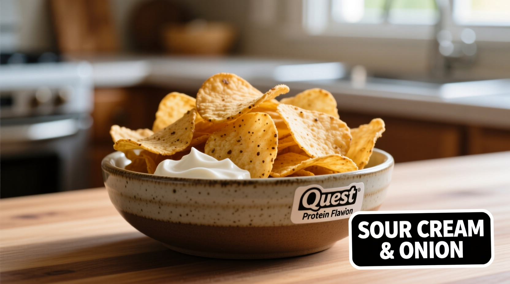 Quest sour cream and onion protein chips in bowl