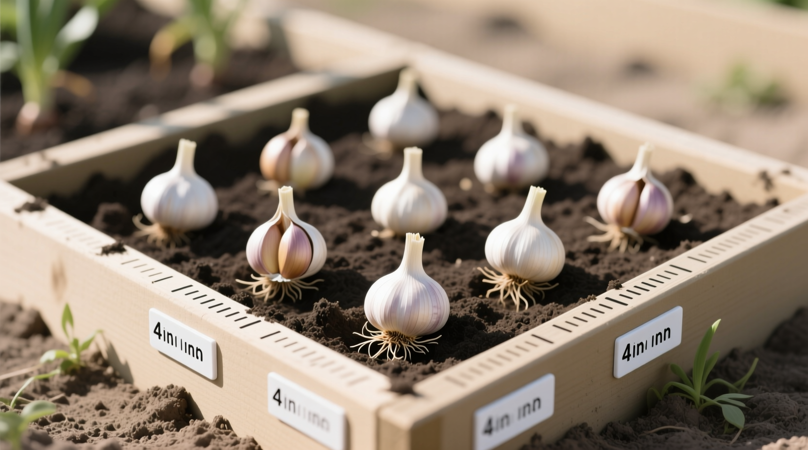 Step-by-step visual guide to off-centre garlic spacing showing measurement points and staggered clove placement in a raised bed